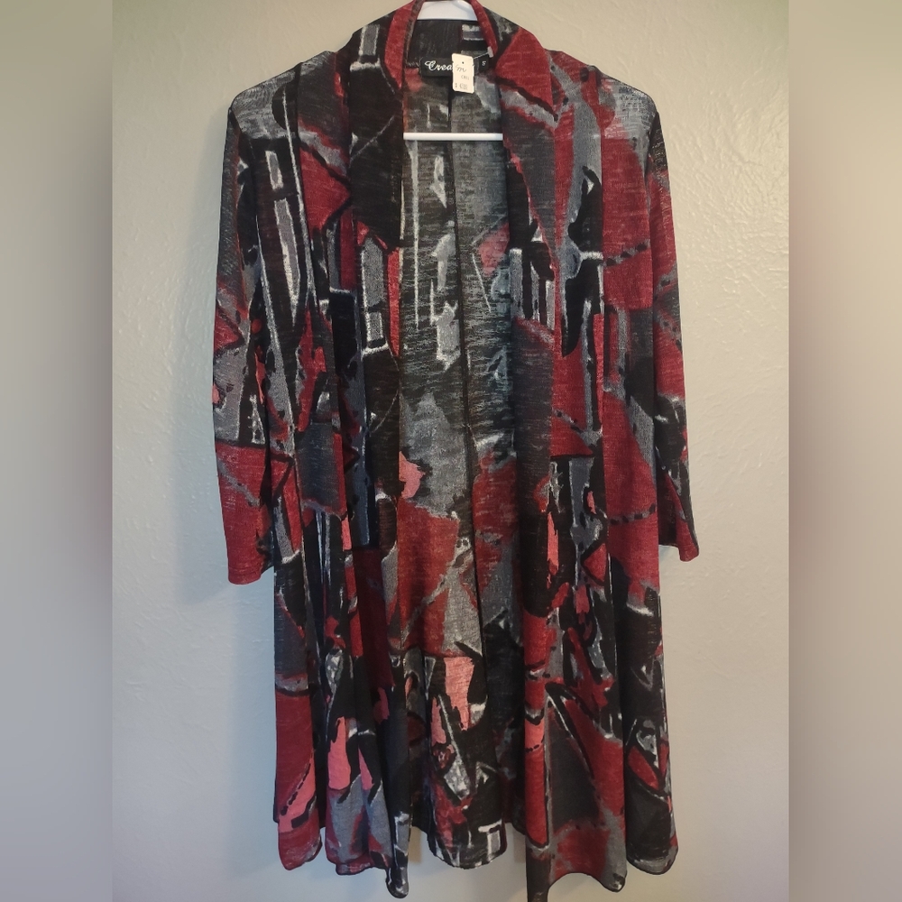 Creation Open Front Geometric Art Deco Print Duster Sleeved Jacket